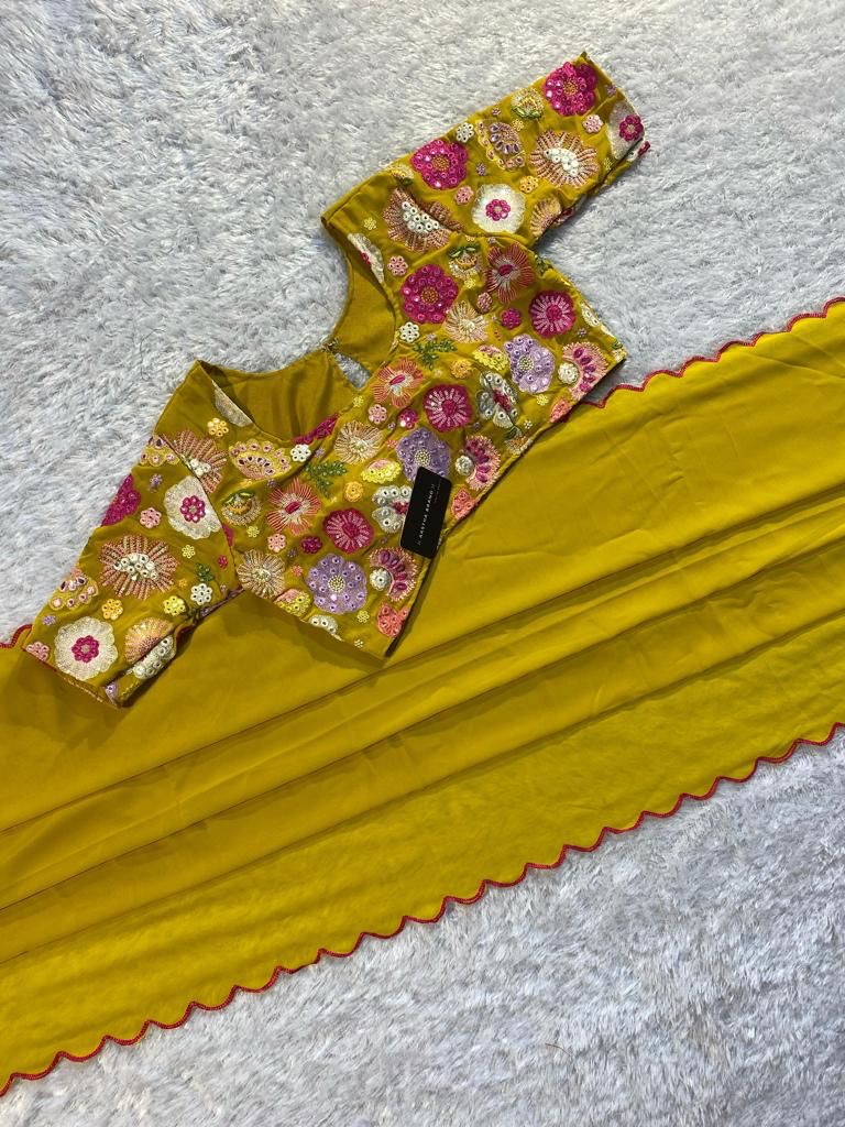 Lightweight & very soft Georgette cutt work saree with ready-made blouse(Pre order)